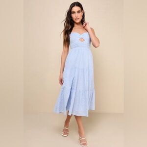 Lulu’s “Perfect Attitude Light Blue Floral Embroidered Tiered Midi Dress” XS